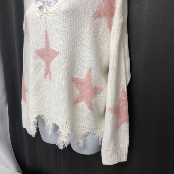 Sweet & Sinful Womens Large Cream Frayed Design Pink Stars Sweater L - Picture 6 of 16